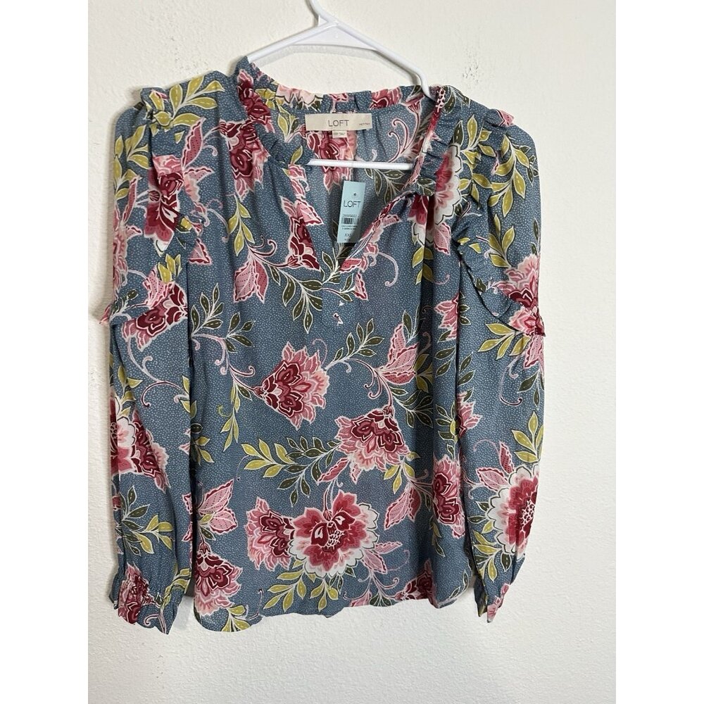 LOFT XXS Petite Blue Floral Long Sleeve Blouse Split Neck Shirt